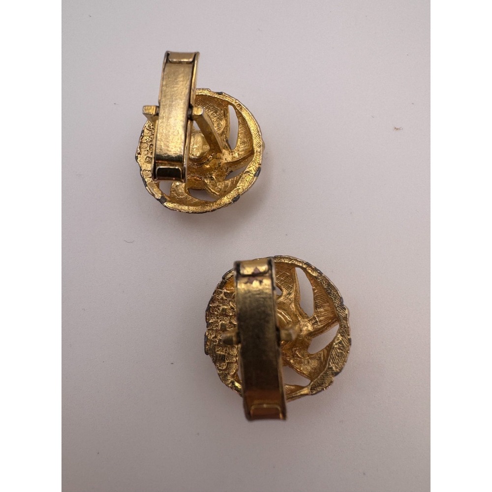 Vintage Brutalist Cufflinks Mid Century Gold Tone Swirl Purple Rhinestone - Picture 7 of 9